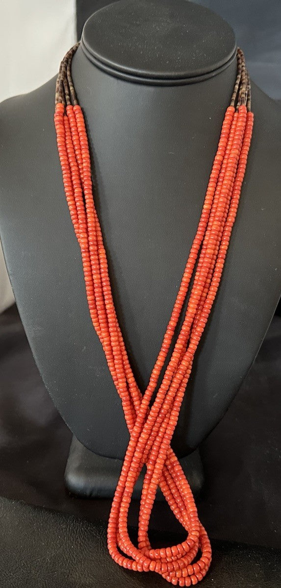 Red Spiny Stabilized 5 Strand Bead Heishi Shell 28" | Authentic Native American Handmade | 19396