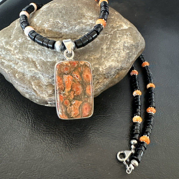 Orange Spiny Black Onyx Navajo Pendant Necklace 20" | Sterling Silver | Authentic Native American Handmade | 19637