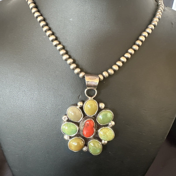 Navajo Cluster Red Turquoise Pendant Necklace | Sterling Silver | Authentic Native American Handmade | 17712