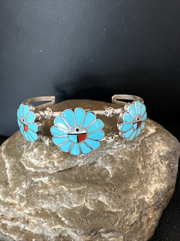 Blue Turquoise Coral MOP Zuni Inlay Sunface Cuff Bracelet | Sterling Silver | Authentic Native American Handmade | 18873