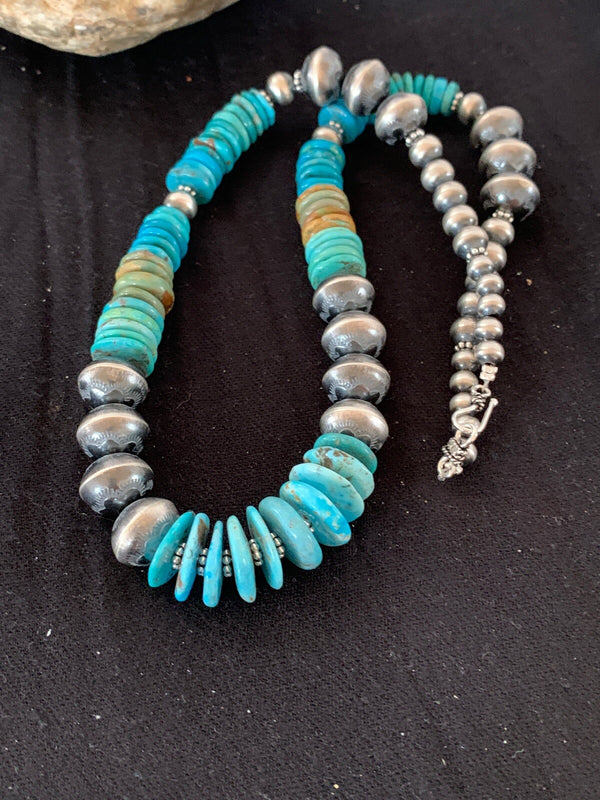 Blue Green Turquoise Beads Navajo Pearls Necklace | Sterling Silver | Authentic Native American Handmade | 4697