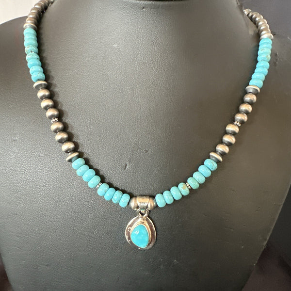 Women's Blue Kingman Turquoise Pendant Navajo Necklace 21" | Sterling Silver | Authentic Native American Handmade | 18150