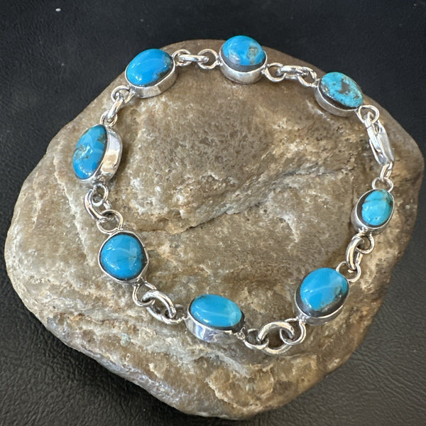 Blue Kingman Turquoise Navajo Link Bracelet 8" | Sterling Silver | Authentic Native American Handmade | 18301