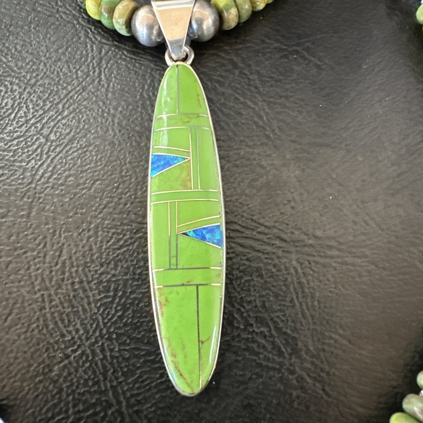 Womens Green Gaspeite Turquoise Opal Pendant Sterling Silver Necklace 19549