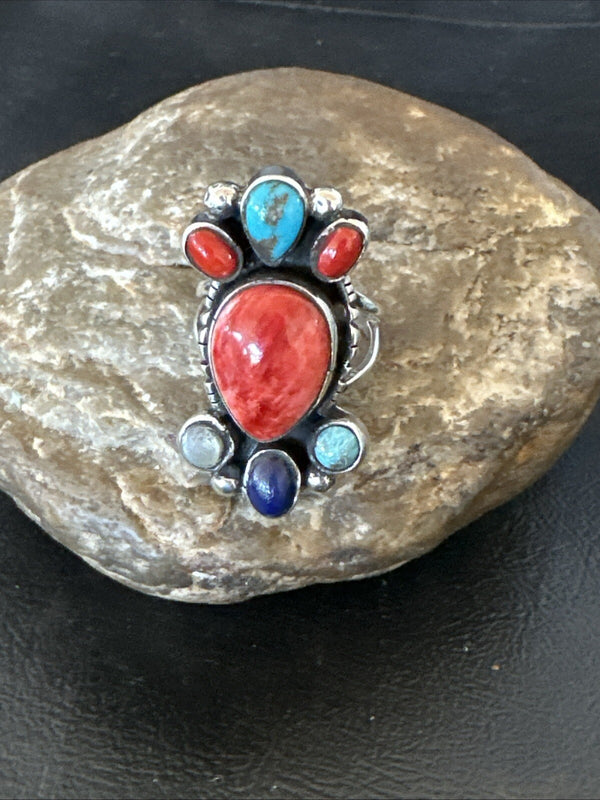 Cluster Blue Turquoise Spiny Oyster Onyx Ring Size 9 | Sterling Silver | Authentic Native American Handmade | 18561