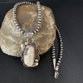 Men's Beads White Buffalo Turquoise Necklace Pendant 20" | Sterling Silver | Authentic Native American Handmade | 13666