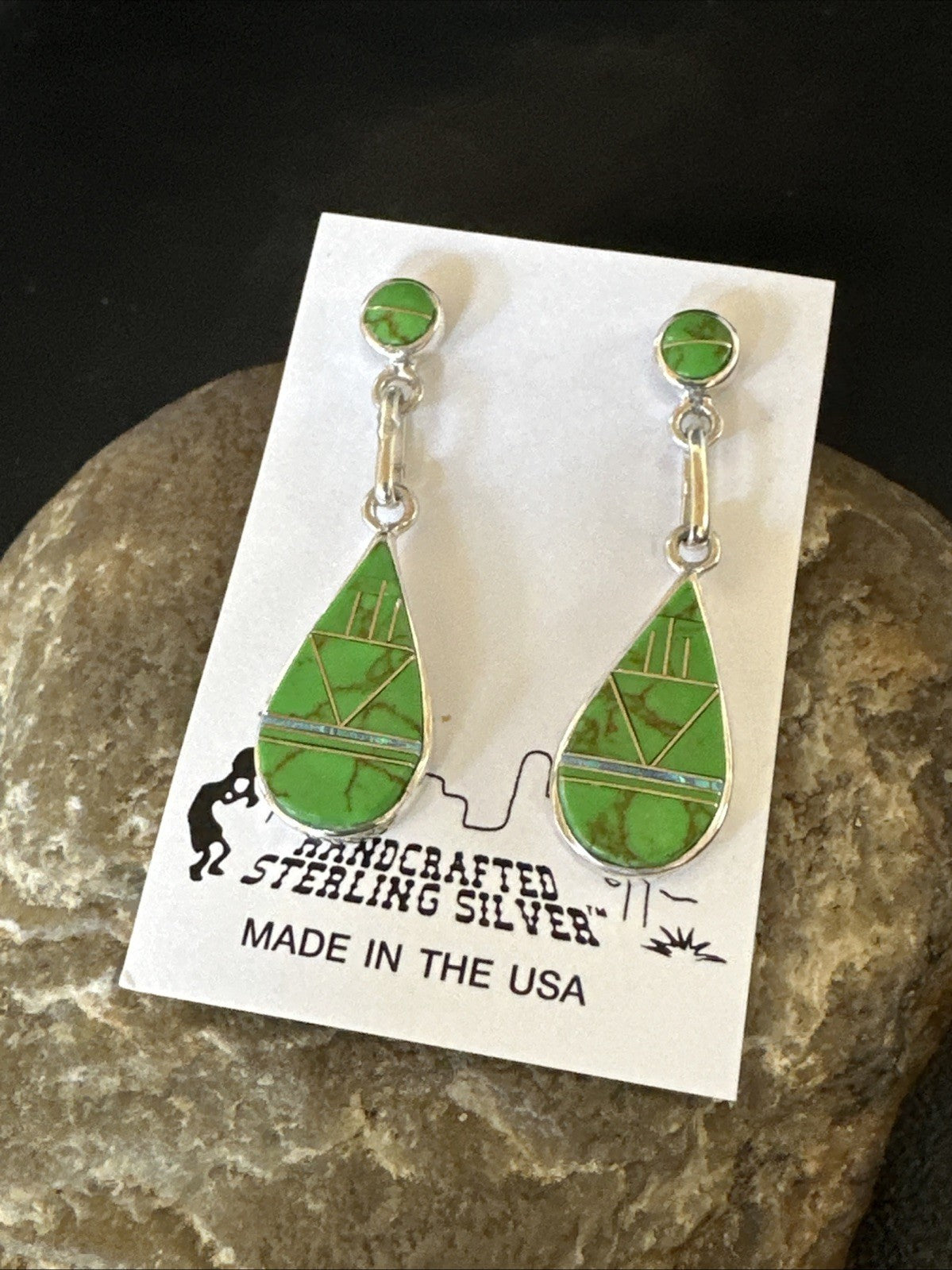 Green Gaspeite Southwestern Sterling Silver Inlay Earrings 1.5" 19154