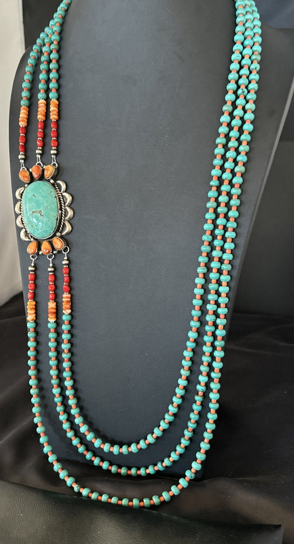 XL Statement Green Turquoise Spiny Navajo 3S Necklace 34" | Sterling Silver | Authentic Native American Handmade | 19676