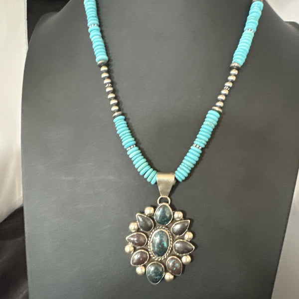 Blue Turquoise Navajo Cluster Round Pendant Necklace 2" | Sterling Silver | Authentic Native American Handmade | 19660