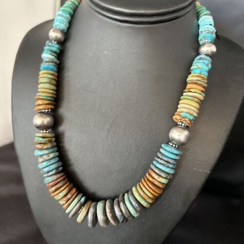 Navajo Blue Green Turquoise Bead Necklace 20" | Sterling Silver | Authentic Native American Handmade | 14239