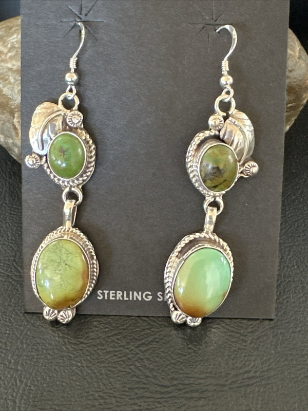 Navajo Green Turquoise Dangle Earrings 2" | Sterling Silver | Authentic Native American Handmade | 17700