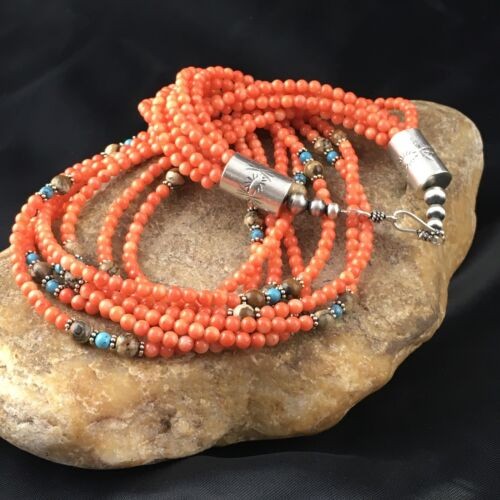 Navajo Orange Bamboo Coral Necklace 7 Strand 19" | Sterling Silver | Authentic Native American Handmade | 10173