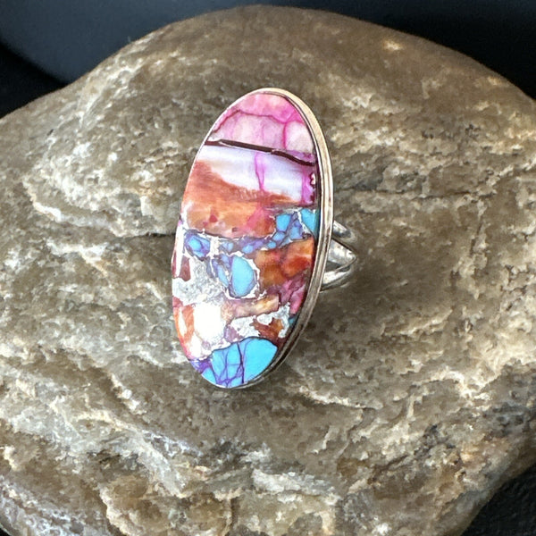 Blue Turquoise Orange Spiny Oyster Navajo Ring Size 7 | Sterling Silver | Authentic Native American Handmade | 18212