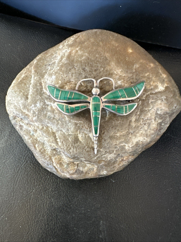 Dragonfly Green Malachite Inlay Pin 1.35" | Sterling Silver | Authentic Native American Handmade | 19820