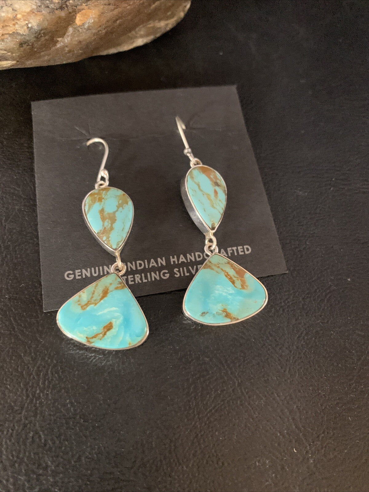 Blue Kingman Turquoise Navajo Sterling Silver Dangle Earrings 1.5" 14077