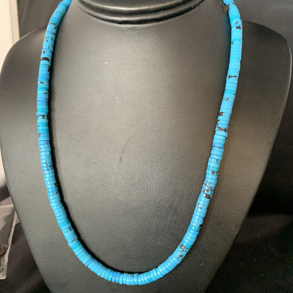 Robin Egg Blue Turquoise 18"Heishi Bead Necklace | Sterling Silver | Authentic Native American Handmade | 14008