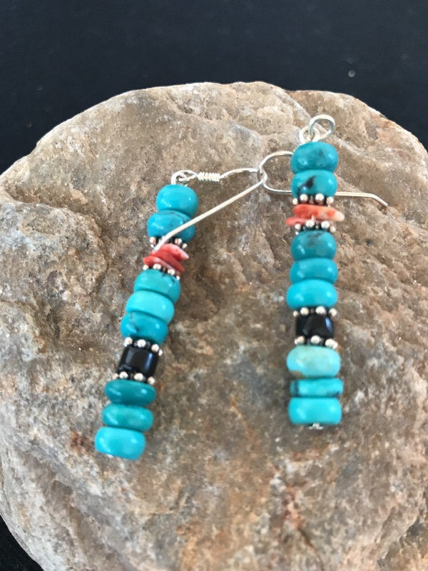Blue Turquoise Red Spiny Oyster Navajo Earrings | Sterling Silver | Authentic Native American Handmade