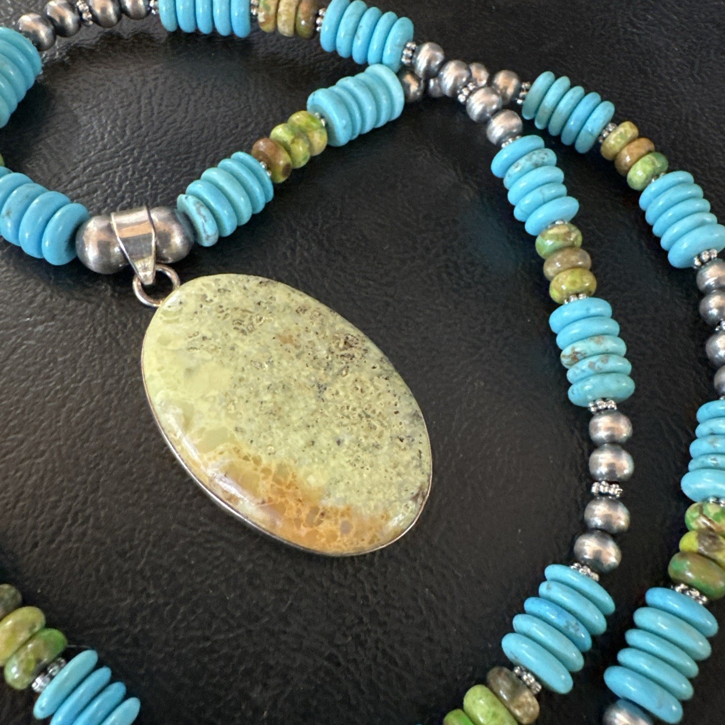 Green Gaspeite Pendant Blue Turquoise Navajo Sterling Silver Necklace 20" 19668