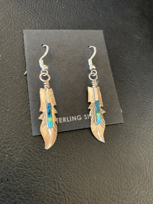 Blue Turquoise Navajo Handmade Inlay Feather Earrings | Sterling Silver | Authentic Native American Handmade | 13086