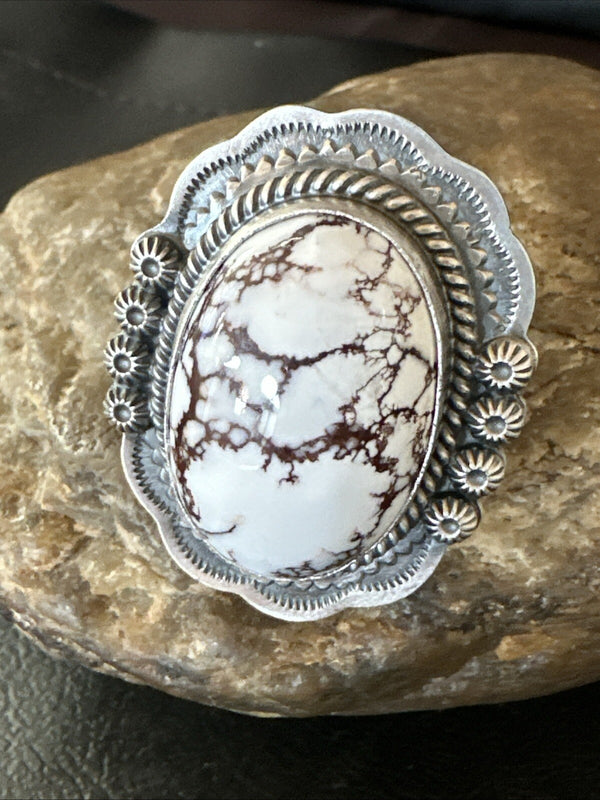 Men's Women's Wild Horse Turquoise Navajo Ring Sz 8 | Sterling Silver | Authentic Native American Handmade | 18723