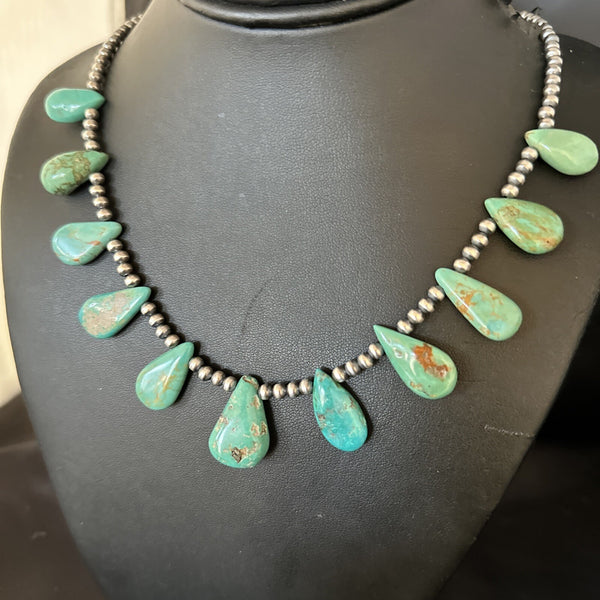 Blue Turquoise Teardrop Navajo Pearls Necklace | Sterling Silver | Authentic Native American Handmade | 14390