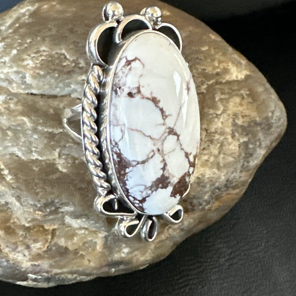Men's Women's Wild Horse Turquoise Navajo Ring Size 8.5 | Sterling Silver | Authentic Native American Handmade | 18008