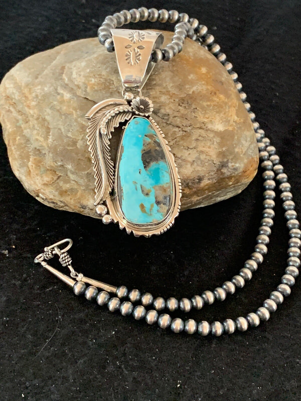 Men's Kingman Turquoise Pendant Navajo Pearls Necklace | Sterling Silver | Authentic Native American Handmade | 04301