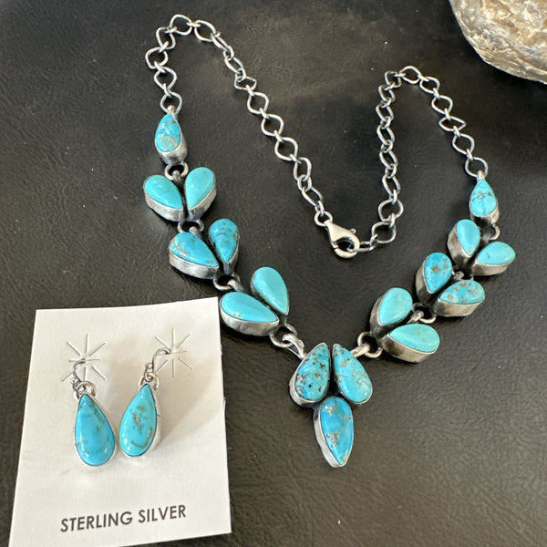 Kingman Turquoise Navajo Earrings Lariat Necklace 19" | Sterling Silver | Authentic Native American Handmade | 19278
