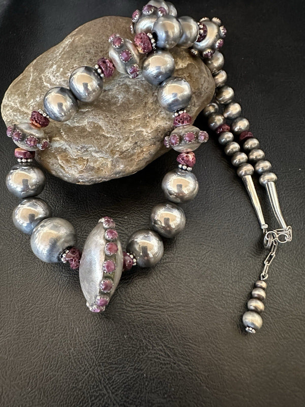 Purple Spiny Oyster Navajo Pearls Graduated Necklace 23" | Sterling Silver | Authentic Native American Handmade | 19444