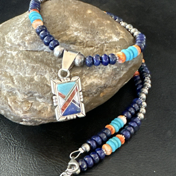 Multicolor Turquoise Coral Navajo Inlay Pendant Necklace | Sterling Silver | Authentic Native American Handmade | 19651
