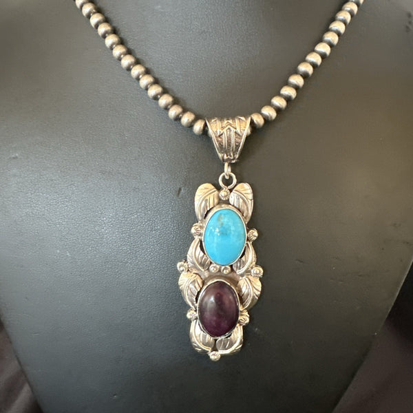 Blue Kingman Turquoise Purple Stone Pendant Navajo | Sterling Silver | Authentic Native American Handmade | 18038