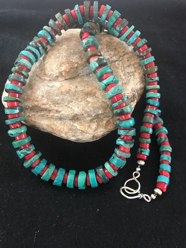 Navajo Men's 8mm Heishi Blue Green Turquoise Coral Necklace A3 | Sterling Silver | Authentic Native American Handmade