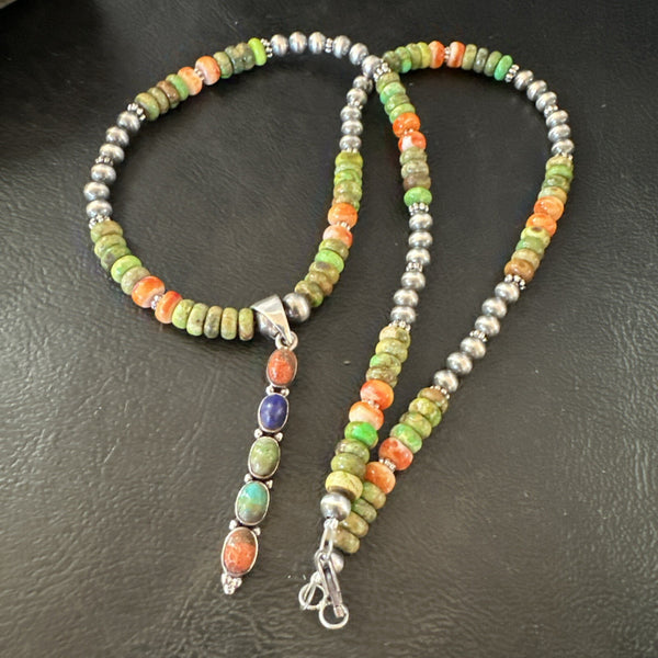 Feather Multicolor Turquoise Pendant Navajo Necklace | Sterling Silver | Authentic Native American Handmade | 18733