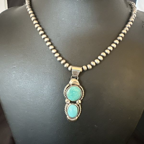 Blue Turquoise 2 Stone Navajo Cluster Pendant | Sterling Silver | Authentic Native American Handmade | 18192