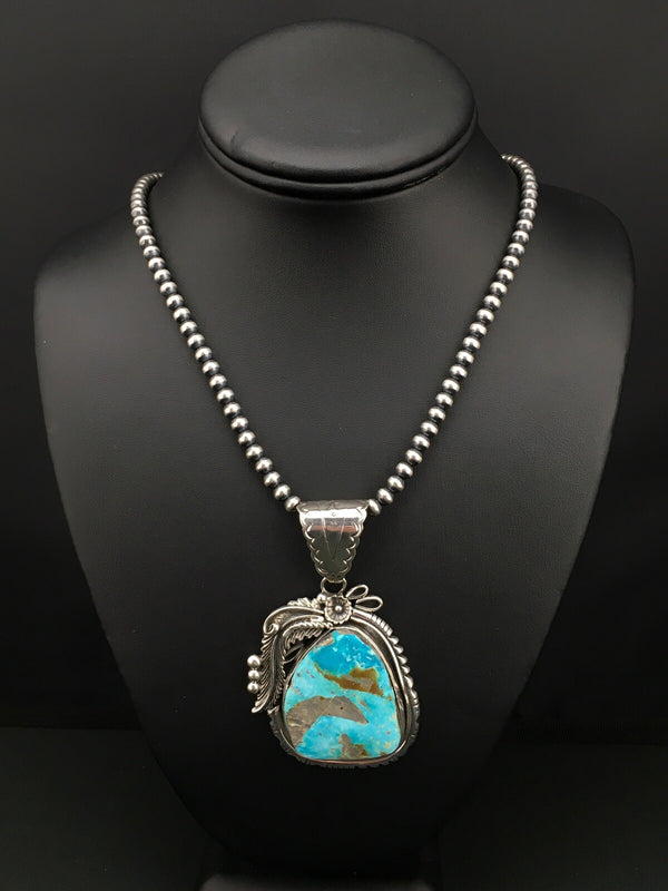 Kingman Turquoise Pendant Navajo Pearls Necklace | Sterling Silver | Authentic Native American Handmade | 04819