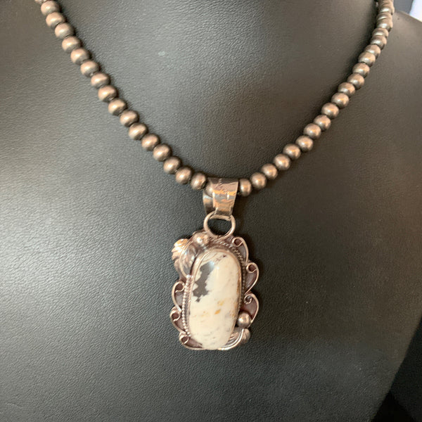 Men's Beads White Buffalo Turquoise Necklace Pendant 20" | Sterling Silver | Authentic Native American Handmade | 13666