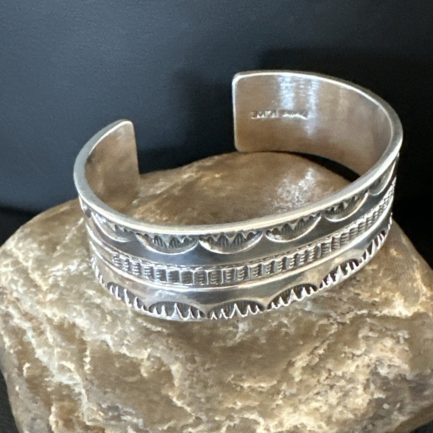 Stamped Cuff Bracelet Native American Navajo Sterling Silver 18042
