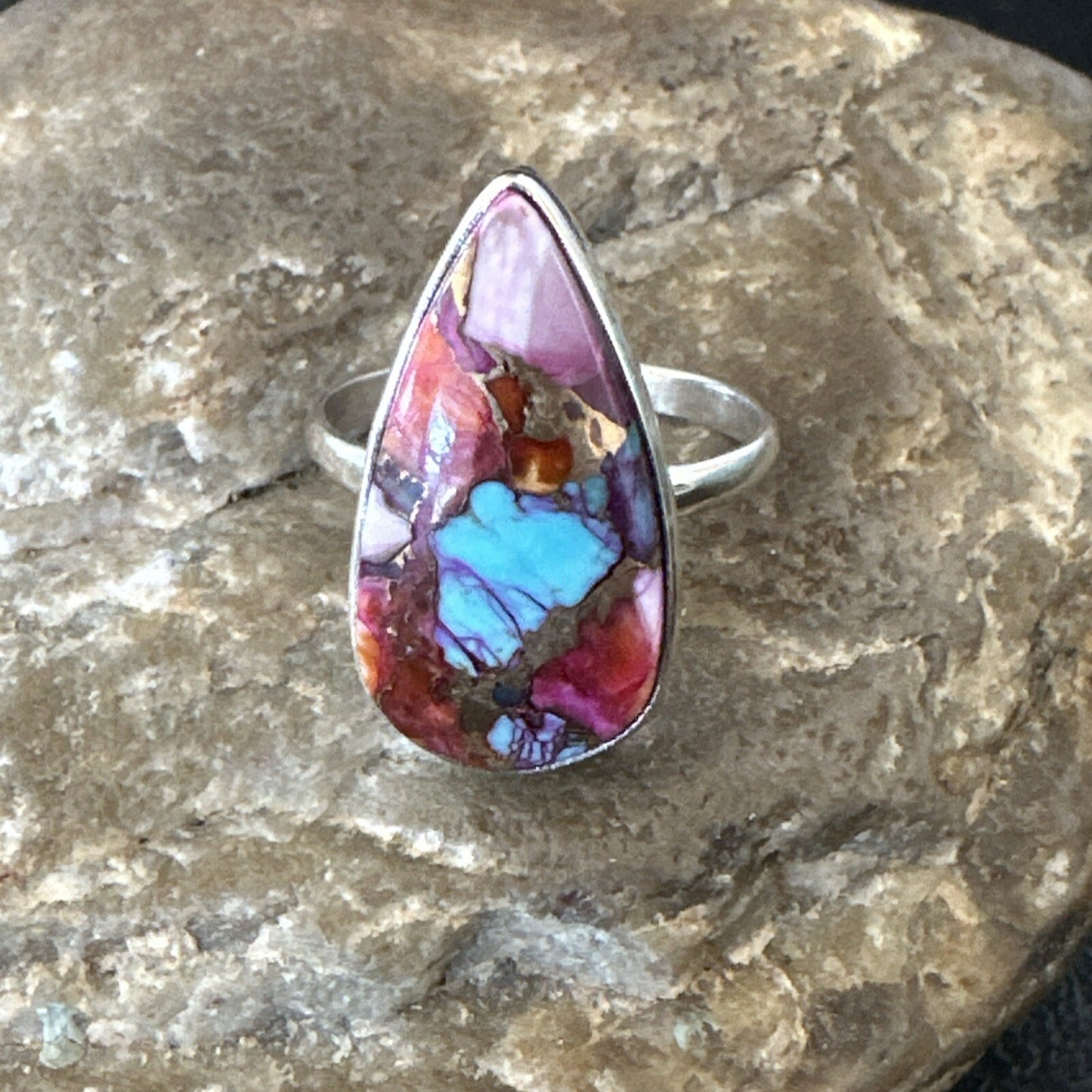 Blue Turquoise Spiny Oyster Southwestern Sterling Silver Ring Size 11 18454