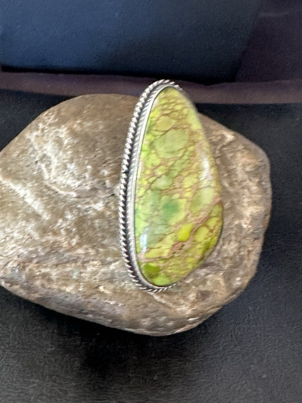 Green Mohave Turquoise Navajo Ring Size 9.5 | Sterling Silver | Authentic Native American Handmade | 19776