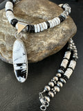 White Buffalo Turquoise Navajo Pearls Onyx Necklace | Sterling Silver | Authentic Native American Handmade | 17804