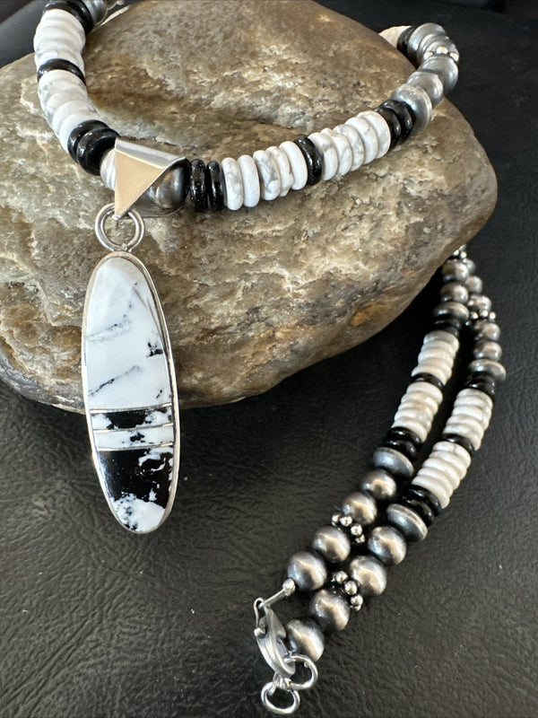 White Buffalo Turquoise Navajo Pearls Onyx Necklace | Sterling Silver | Authentic Native American Handmade | 17804