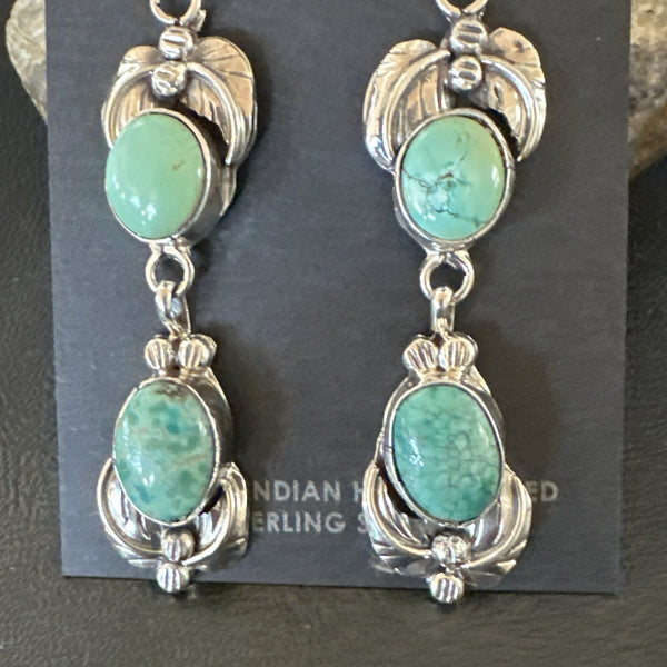 Navajo Green Turquoise Dangle Earrings 2" | Sterling Silver | Authentic Native American Handmade | 17913