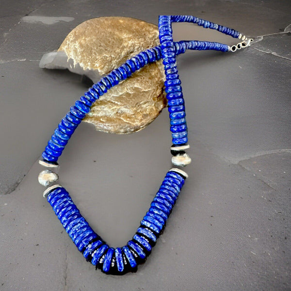 Men's Women's Blue Lapis Lazuli 6-12mm Navajo 21"Necklace | Sterling Silver | Authentic Native American Handmade | 17885