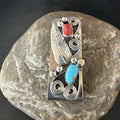 Men's Women Blue Turquoise Coral Navajo Stainless Stamped Silver Money Clip | Authentic Native American Handmade | 19735