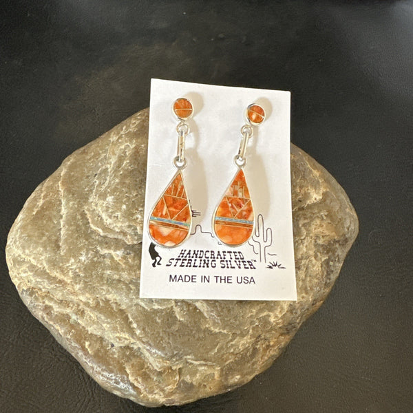 Women's Opal Spiny Oyster Inlay Navajo Dangle Earrings | Sterling Silver | Authentic Native American Handmade | 19135