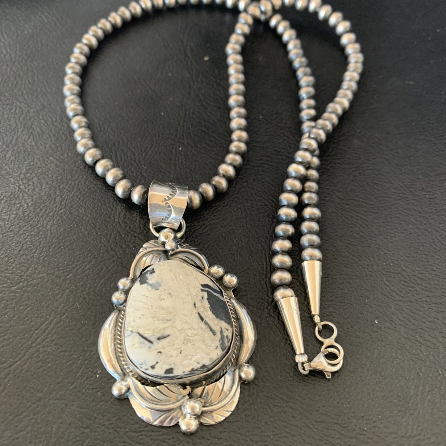 Men White Buffalo Turquoise Pendant Sterling Silver Beads Necklace 12670N