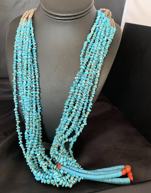 Santo Domingo Blue Turquoise Coral 10S 38"Necklace | Authentic Native American Handmade | 19031