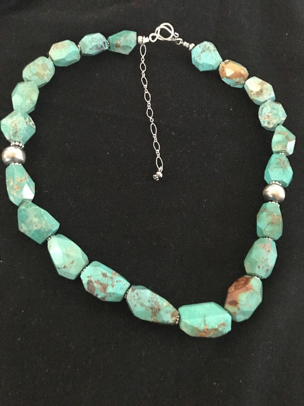 Turquoise Chunky Bead Faceted Navajo Beads Necklace | Sterling Silver | Authentic Native American Handmade | 03367