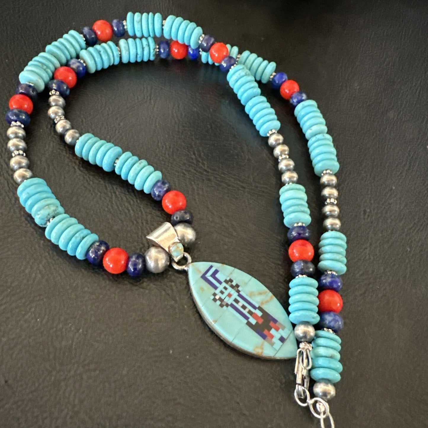 Multicolor Turquoise Coral Navajo Sterling Silver Inlay Pendant Necklace 19645