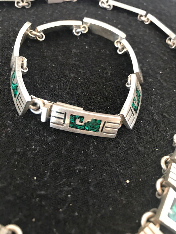 Taxco Turquoise Chip Inlay Sterling Silver Choker Old Pawn Bracelet 7” 19795